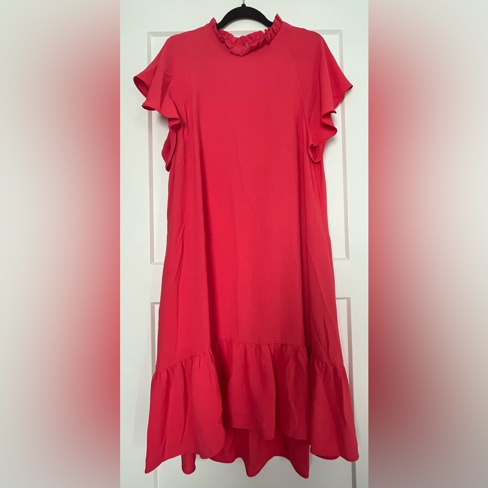 Julia Jordan Watermelon Ruffle Short Sleeve High Low Dress with Pockets, Size 16